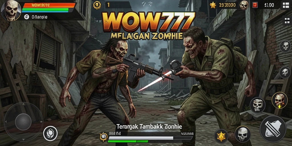 Screenshot menampilkan aksi seru dalam game Tembak Zombie WOW77.
